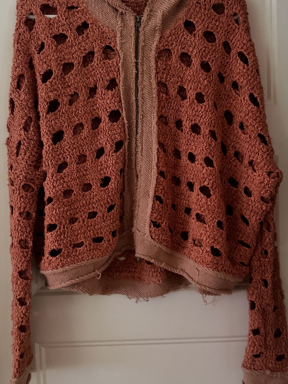 Free People Open-Knit Zip Cardigan in Rust